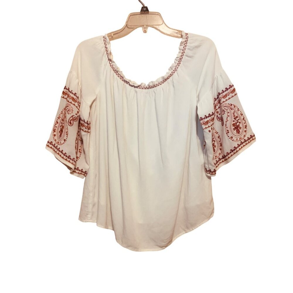 BLUE RAIN Women's Top Embroidered Peasant Blouse Bell Sleeves Sz‎ L